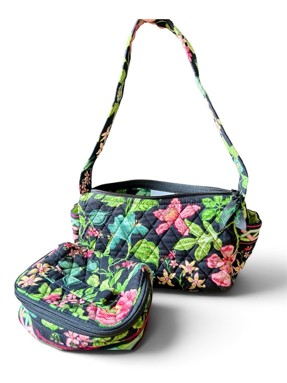 Vera Bradley Black Quilted Retired Pattern “Botanica” Bag w/ Matching Pouch
